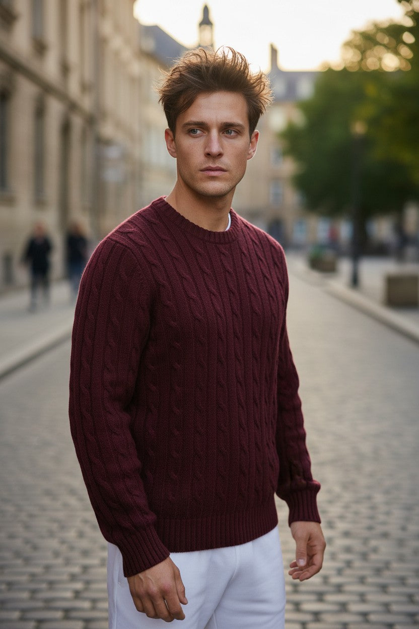 POLO RALPH LAUREN - LONG-SLEEVE CASHMERE CABLE-KNIT CREWNECK SWEATER - MERLOT WINE HEATHER