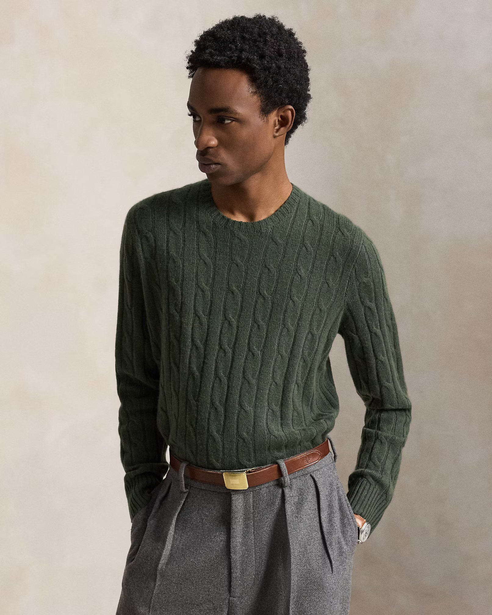 POLO RALPH LAUREN - LONG-SLEEVE CASHMERE CABLE-KNIT CREWNECK SWEATER - LODGEPOLE PINE HEATHER