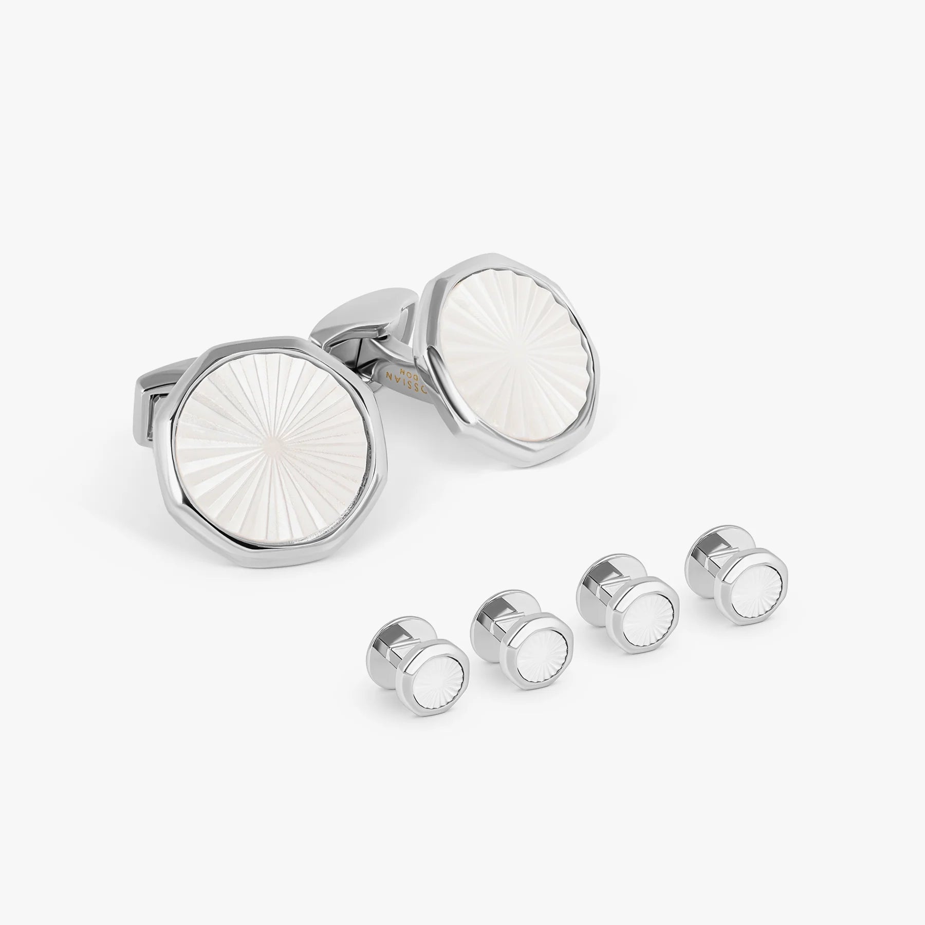 TATEOSSIAN SUNBURST CUFFLINKS AND STUDS SET - PALLADIUM & WHITE MOTHER OF PEARL