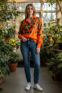 LE SARTE PETTEGOLE LEAF PRINT WOMEN'S SHIRT - ORANGE/GREEN