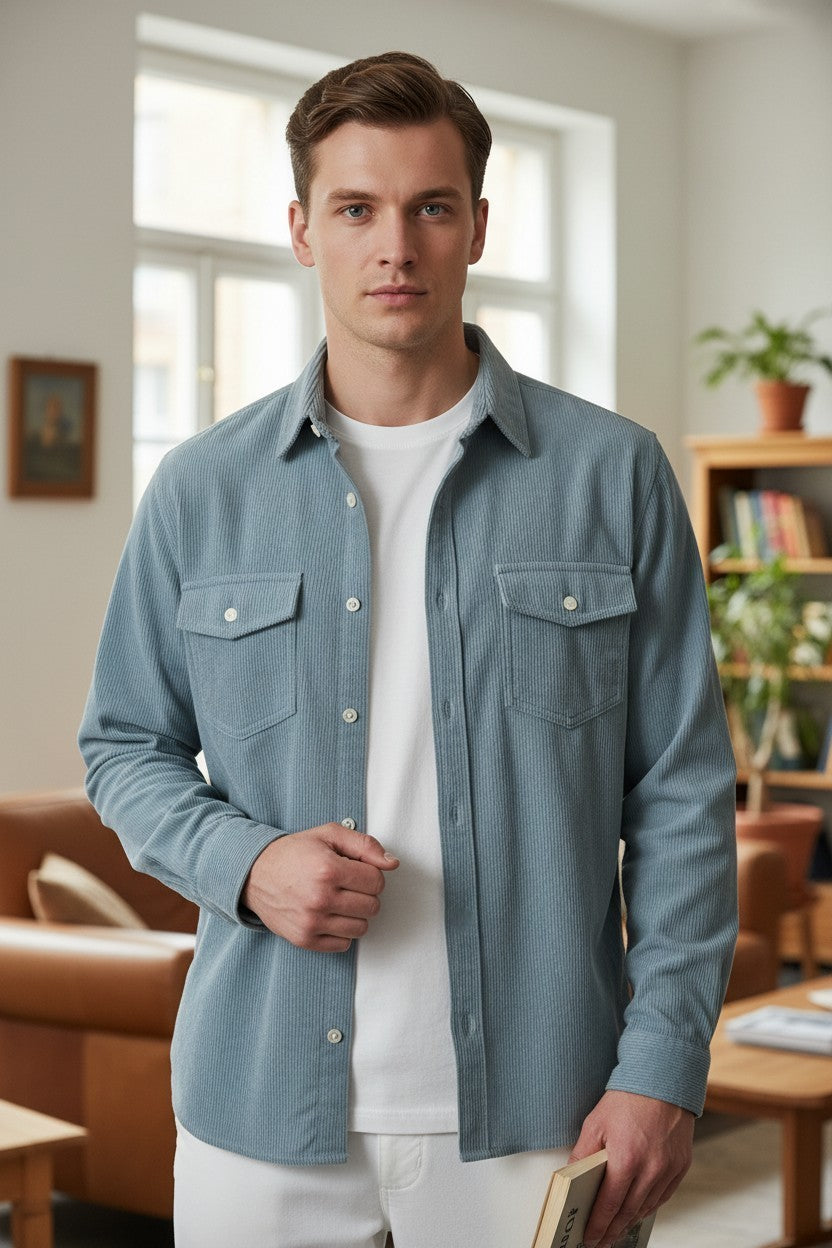 GEORG ROTH MEN'S STRETCH CORDUROY SHIRT JACKET - LIGHT BLUE