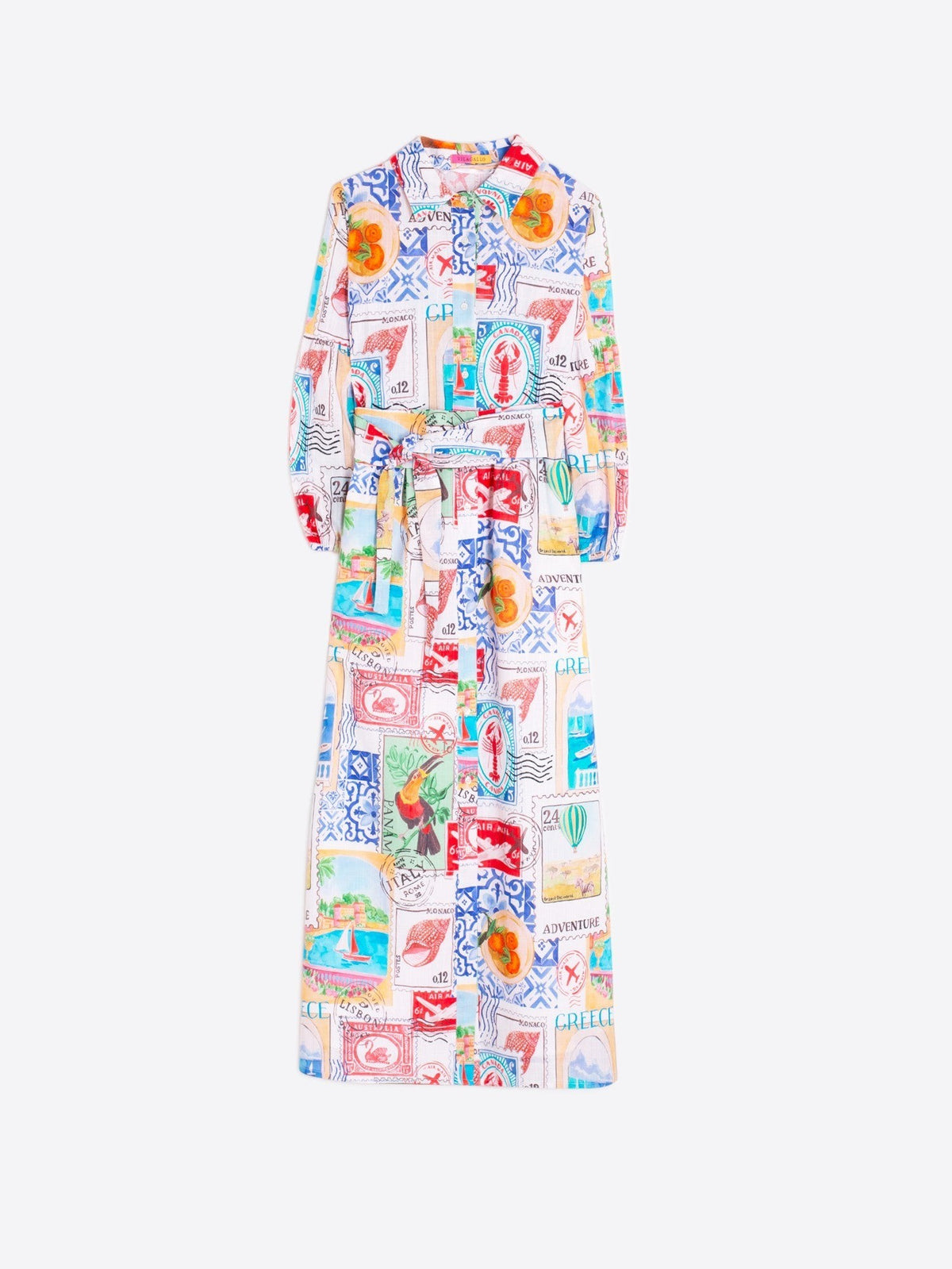 Multicolor stamp print midi shirt dress in 100% cotton with classic collar, button front, and belt.