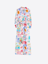 Multicolor stamp print midi shirt dress in 100% cotton with classic collar, button front, and belt.