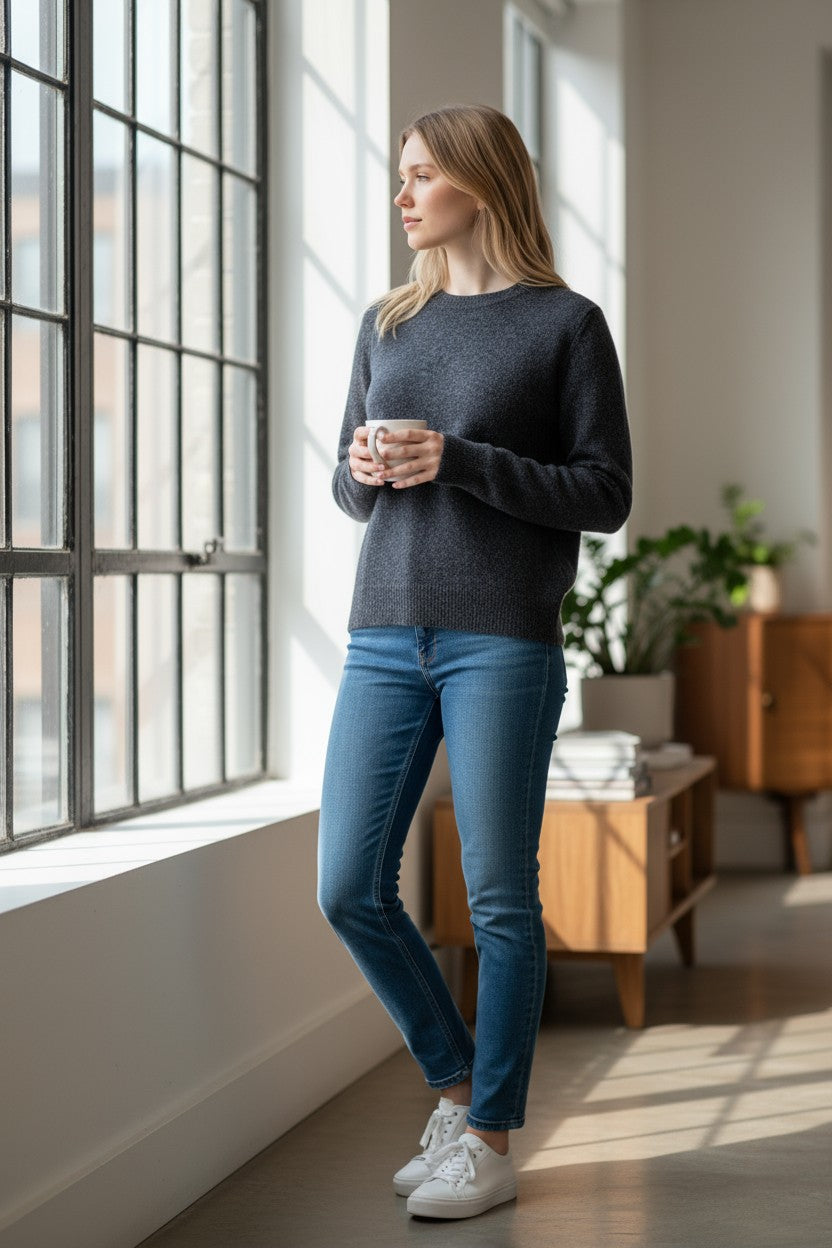 ANNECLAIRE WOOL/CASHMERE CREW SWEATER - BLUE