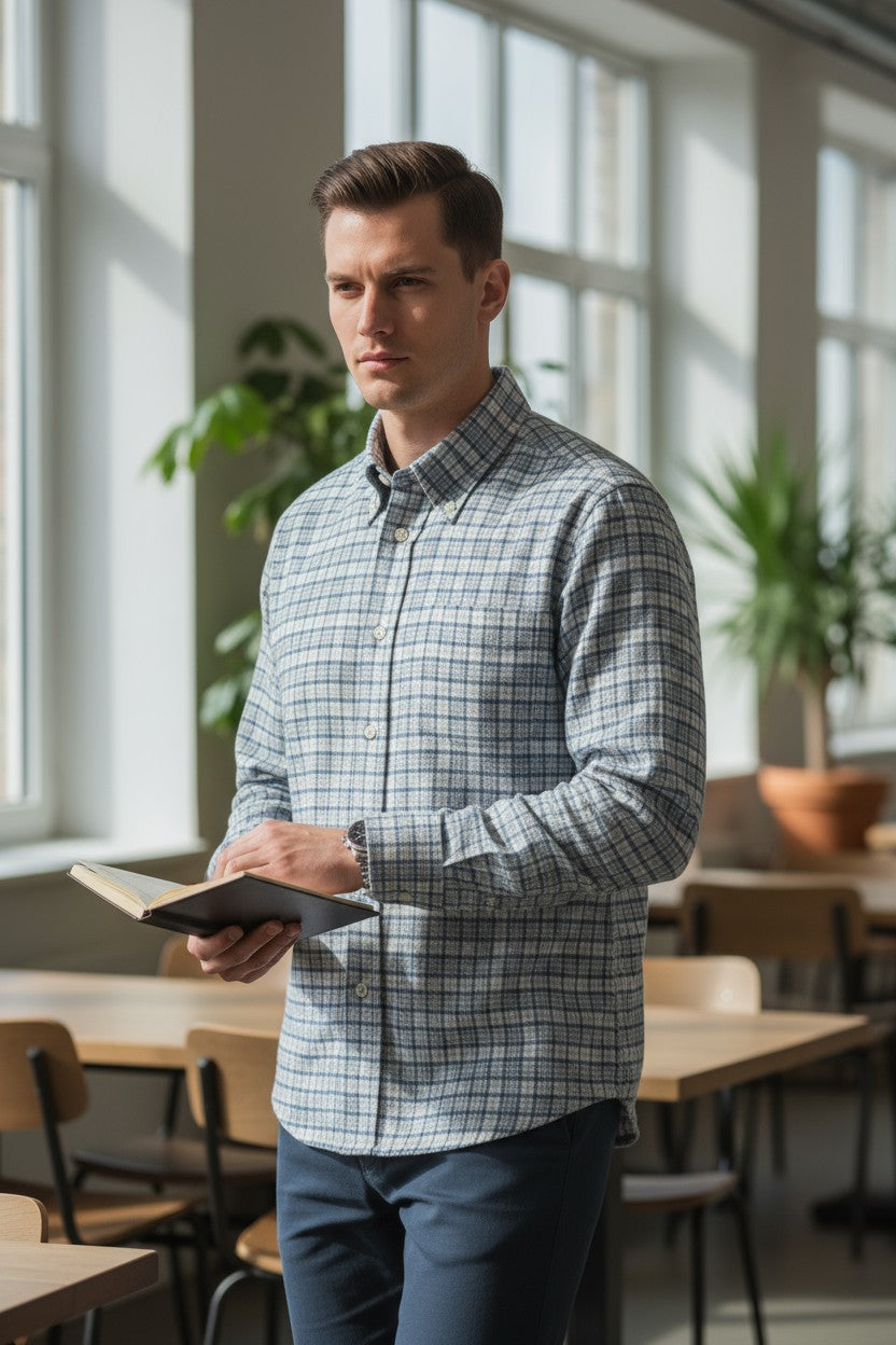MAZZARELLI SPORT SHIRT - LIGHT BLUE/NAVY PLAID
