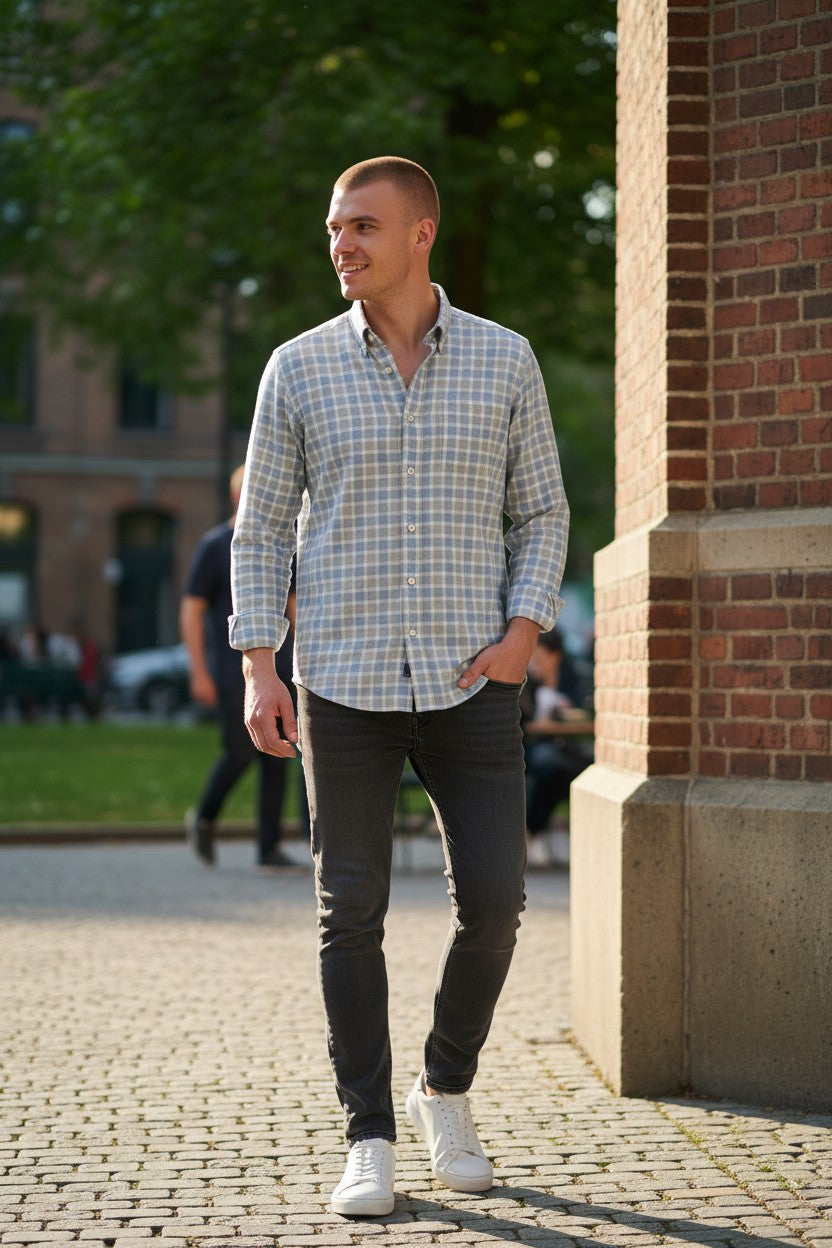 PAUL & SHARK MEN'S SHIRT - LIGHT BLUE/GREY CHECK FLANNEL