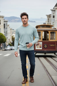 BUTTON DOWN COTTON/CASHMERE CREW SWEATER - HEATHER AQUA