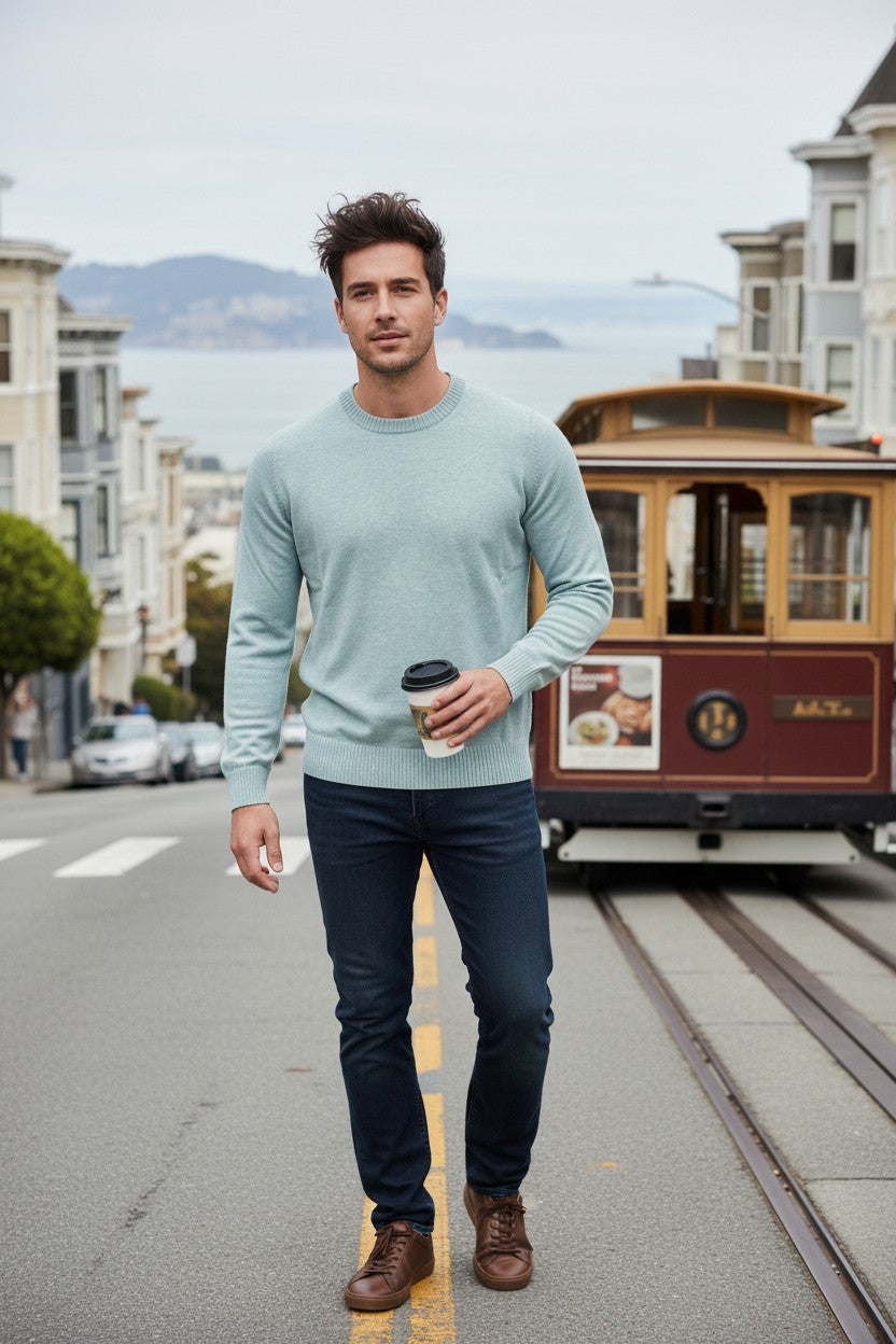 BUTTON DOWN COTTON/CASHMERE CREW SWEATER - HEATHER AQUA