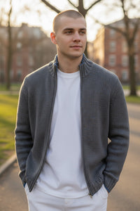 BUTTON DOWN MARL FULL ZIP SWEATER - BROWN/BLUE