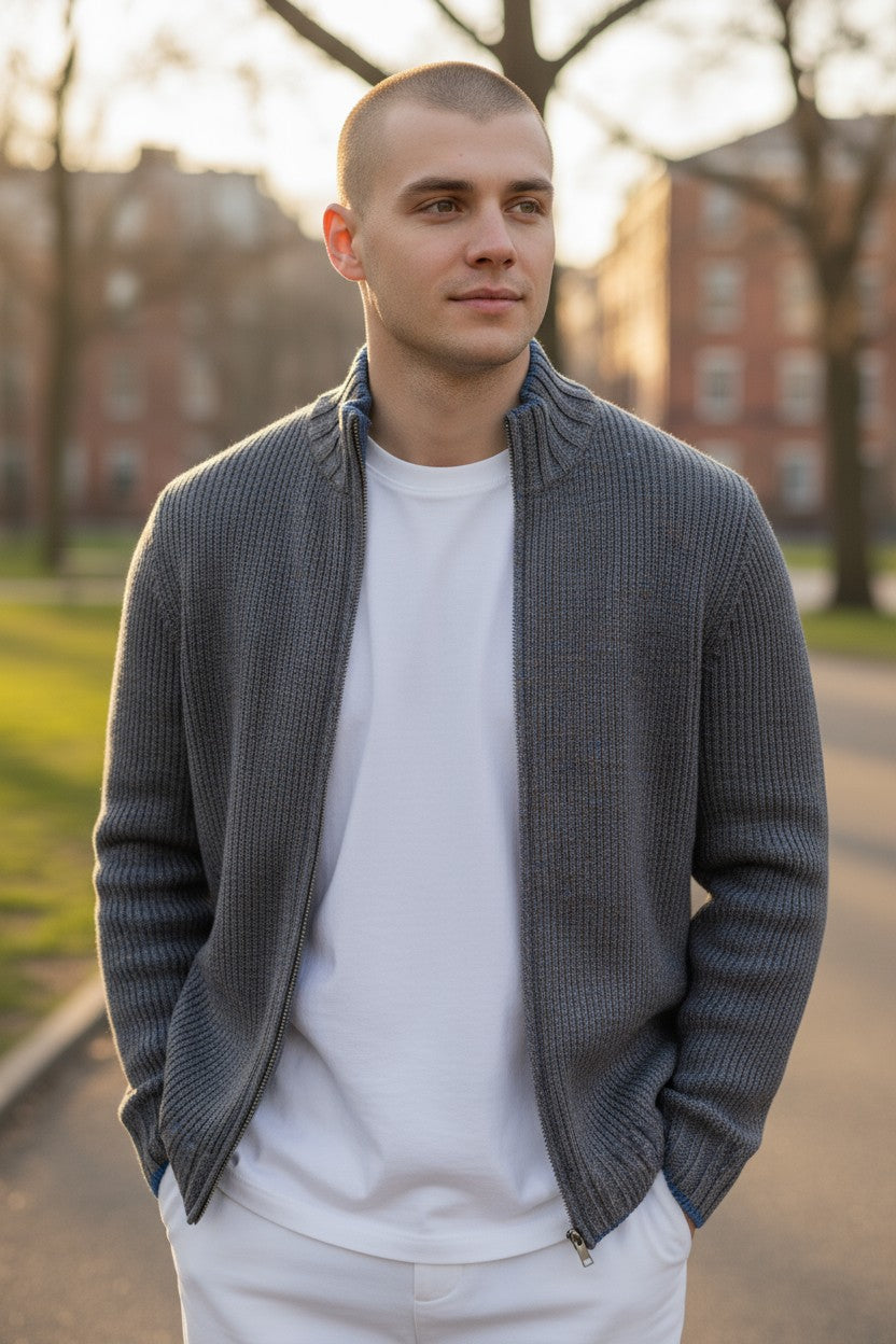 BUTTON DOWN MARL FULL ZIP SWEATER - BROWN/BLUE