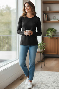 BLUE 1899 WOMEN'S PIMA COTTON T-SHIRT CREWNECK LONGSLEEVE - BLACK