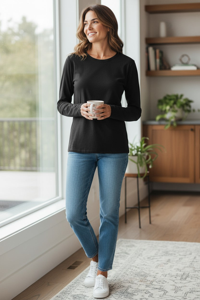 BLUE 1899 WOMEN'S PIMA COTTON T-SHIRT CREWNECK LONGSLEEVE - BLACK