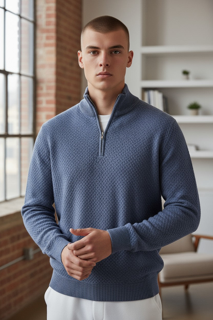 FIORONI CASHMERE MEN'S SCALE KNIT 1/4 ZIP SWEATER - DENIM