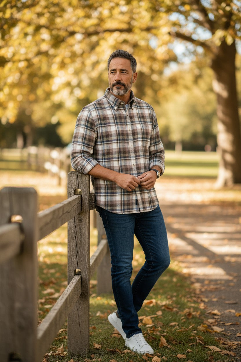 PAUL & SHARK MEN'S SHIRT - BROWN PLAID FLANNEL