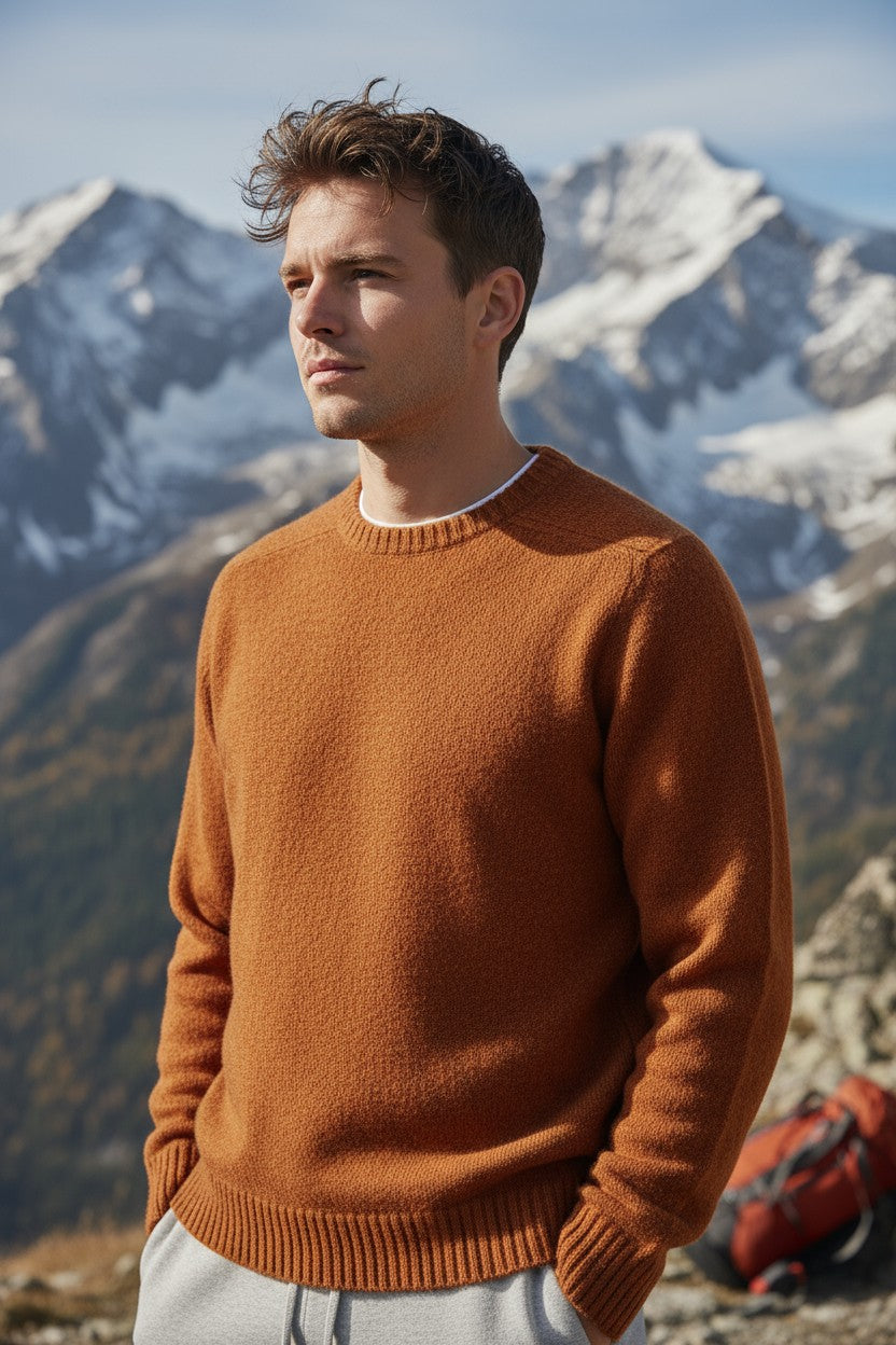 HARLEY OF SCOTLAND TIPPED SHETLAND WOOL SWEATER - CAROB/AMBER