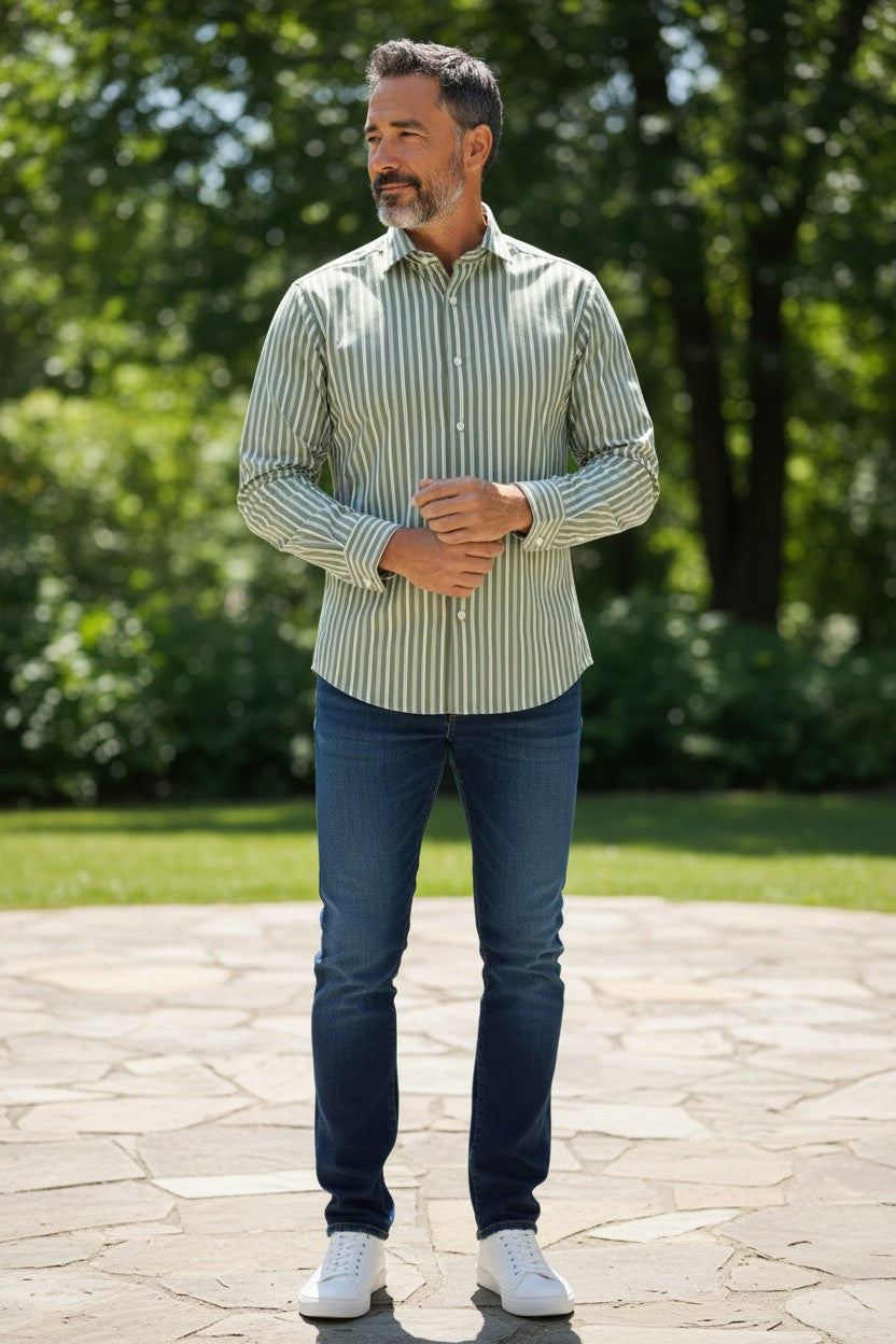 SCOTT BARBER THOMAS MASON FINE STRIPE MEN’S SHIRT - SAGE