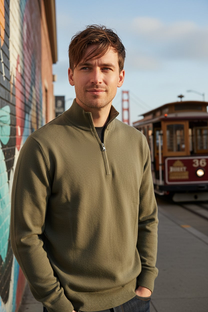 BUTTON DOWN COTTON 1/4 ZIP SWEATER - DEEP GREEN