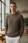BUTTON DOWN CABLE CREW SWEATER - BROWN