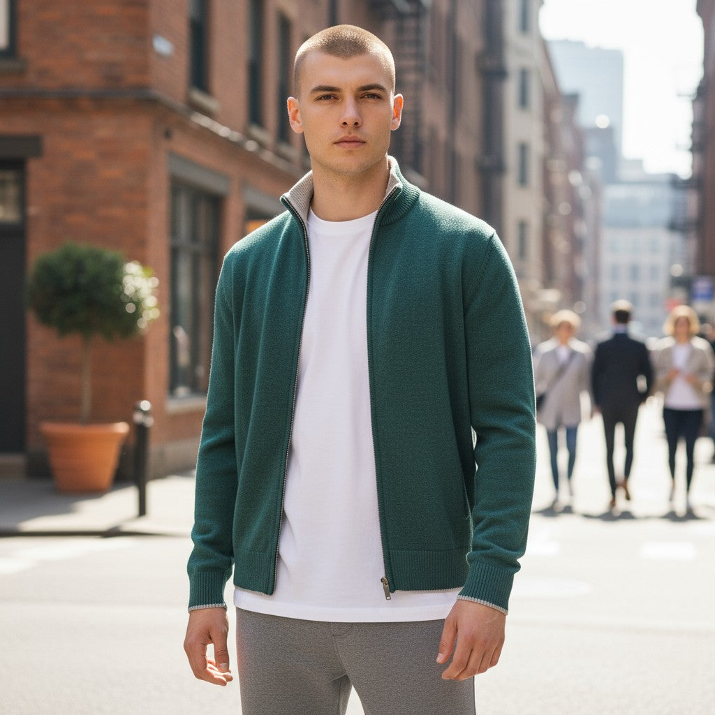 ADESI CASHMERE MEN'S TIPPED FULL ZIP SWEATER - DRAGO/CITY