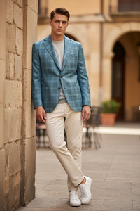 OARS & OLD IVY LORO PIANA WOOL/SILK/LINEN SPORT COAT - AQUA/TAN CHECK