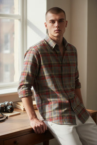 SCOTT BARBER LIGHTWEIGHT FLANNEL PLAID MEN’S SHIRT - TOMATO