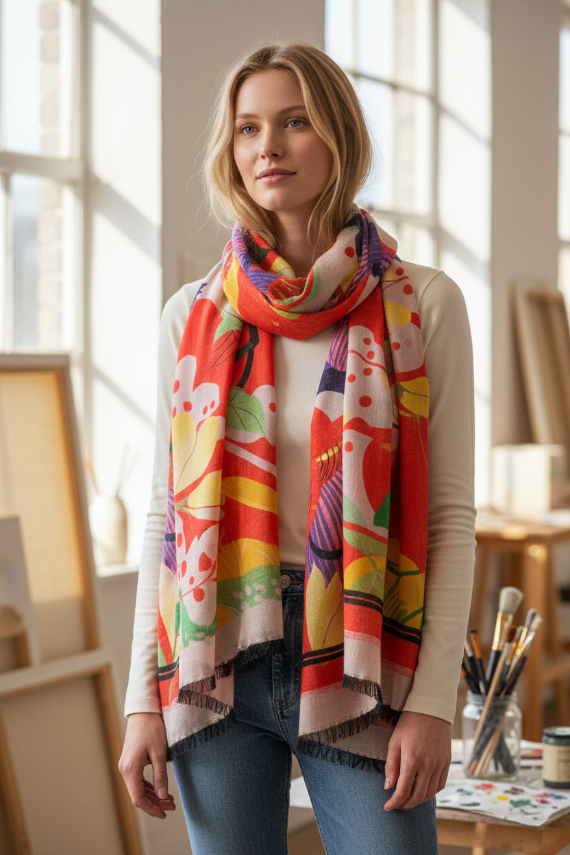 FRANCO FERRARI WOOL SQUARE SCARF - ORANGE TROPICAL BIRD