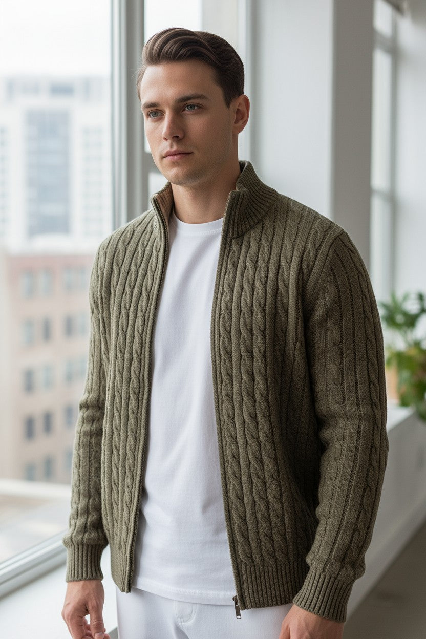 ADESI CASHMERE MEN'S CABLE FULL ZIP SWEATER - BORNEO