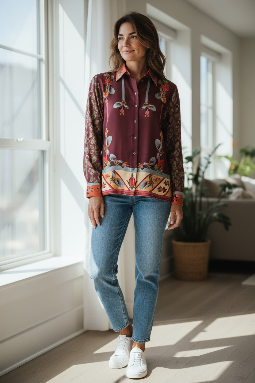 FRANCO FERRARI FLORAL BLOUSE - BURGUNDY