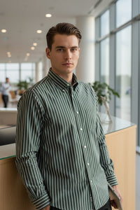 GALLIA MEN'S SHIRT - OLIVE WITH WHITE DOUBLE STRIPE