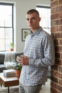 SCOTT BARBER MELANGE DOBBY GINGHAM MEN’S SHIRT - BLUE