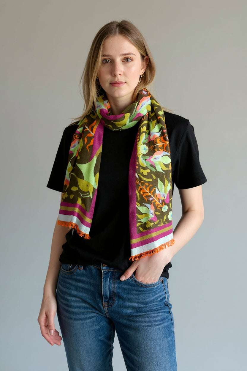 FRANCO FERRARI WOOL SQUARE SCARF - GREEN MYSTIC DEER