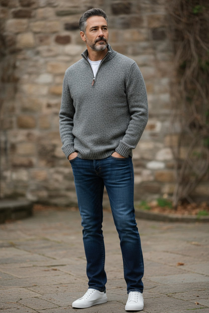 FEDELI BABY ALPACA 1/4 ZIP SWEATER - OLIVE & TAN MIX