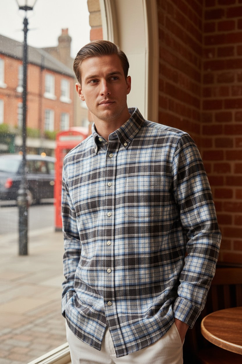 ALAN PAINE CLASSIC FIT SHIRT - BLUE/GREY PLAID FLANNEL