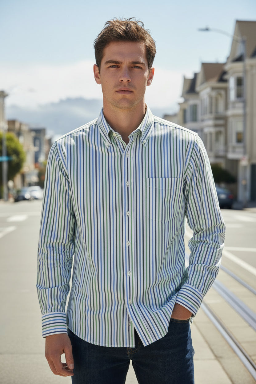 BUTTON DOWN SPORT SHIRT - GREEN QUADCOLOR STRIPE