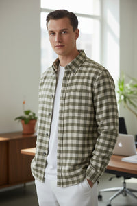 MAZZARELLI SPORT SHIRT - OLIVE/TAN CHECK