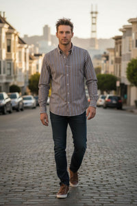 BUTTON DOWN SPORT SHIRT - BROWN/ORANGE STRIPE