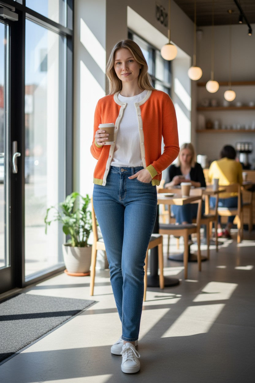 IN BED WITH YOU WOOL CARDIGAN - ORANGE WITH YELLOW & WHITE TRIM