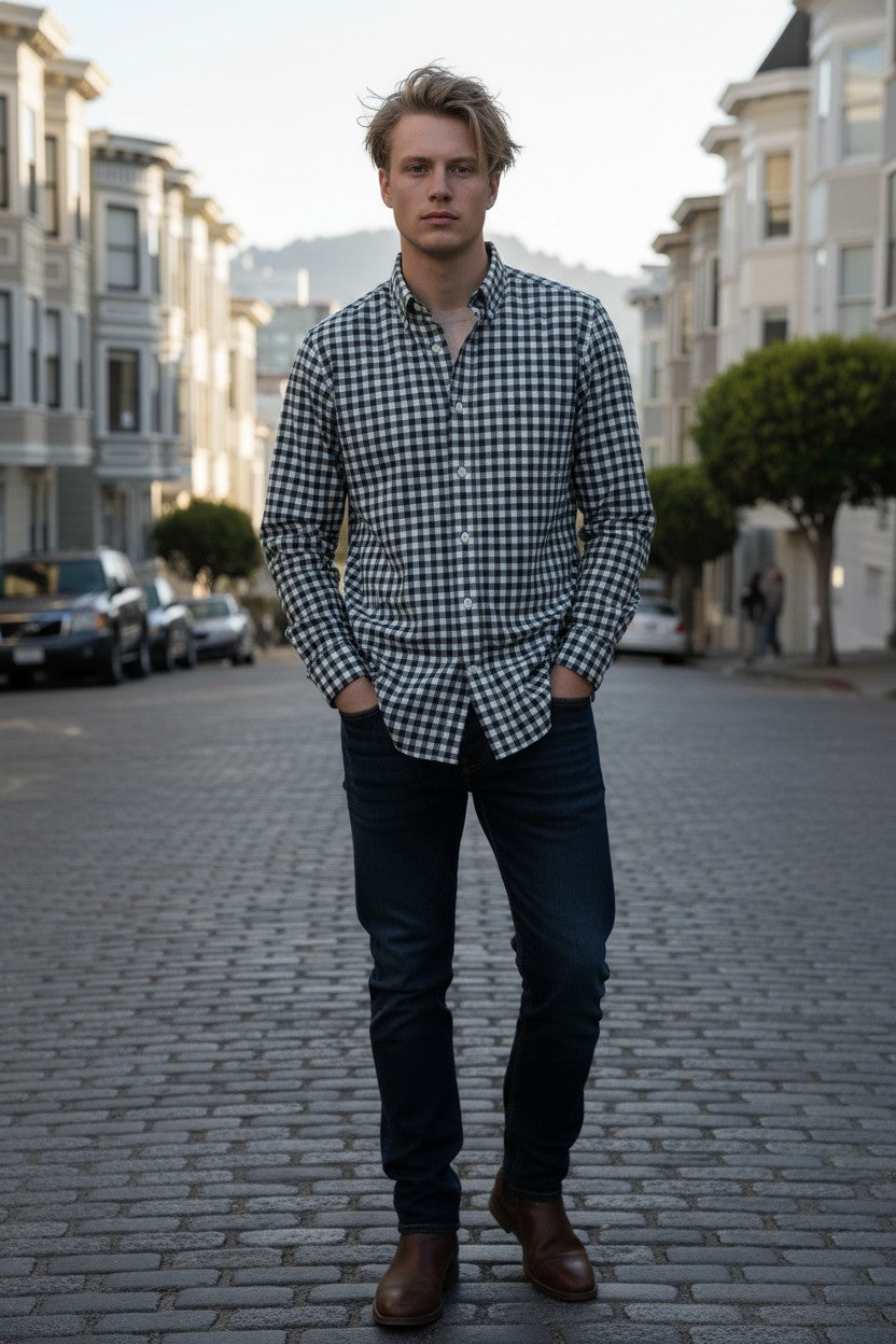 BUTTON DOWN SPORT SHIRT - NAVY/GREEN GINGHAM