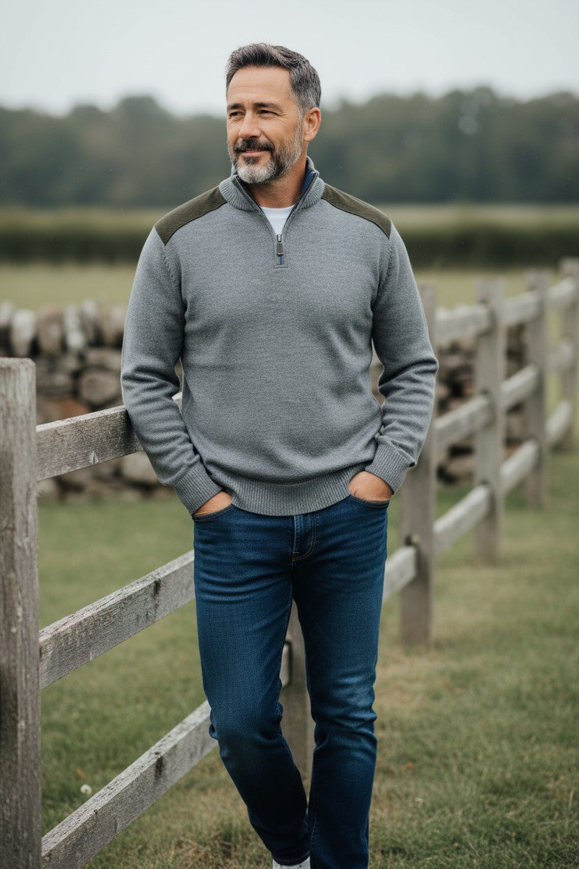 PAUL & SHARK COOL TOUCH WOOL 1/4 ZIP MEN'S SWEATER WITH CORD TRIM - GREY WITH OLIVE