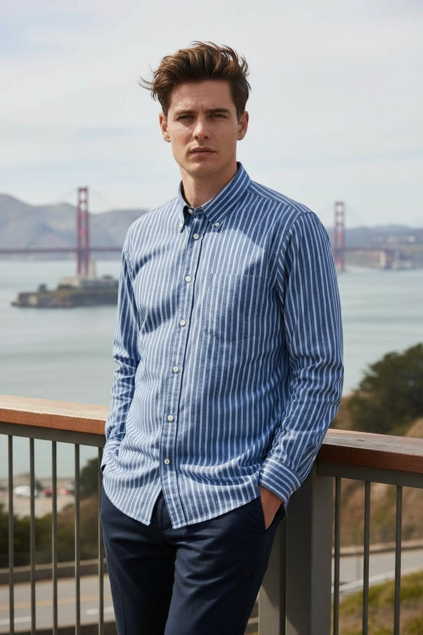 BUTTON DOWN SPORT SHIRT - NAVY/BLUE STRIPE