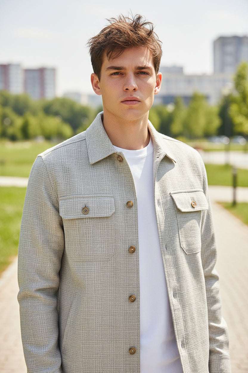 ELEVENTY MEN'S TECH SHIRT JACKET - MELANGE LIGHT GREY