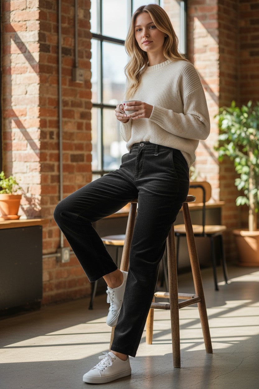 MAC WOMEN'S CHINO TURN UP CORDUROY PANT - BLACK