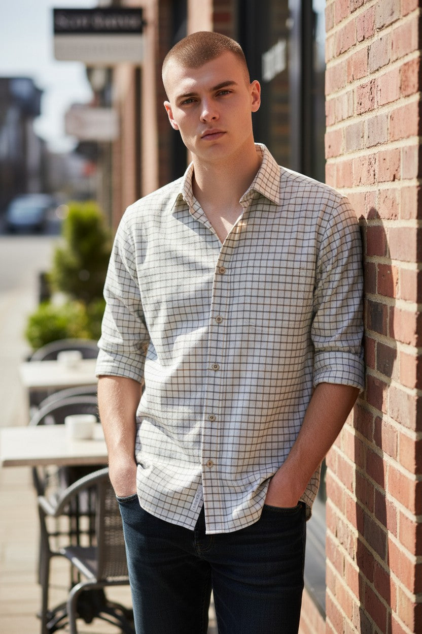 SCOTT BARBER WINDOWPANE MELANGE TWILL MEN’S SHIRT - GREY HEATHER