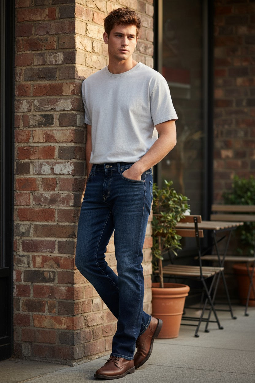 MAC MEN'S ARNE PIPE CASHMERE DENIM JEAN - MID BLUE