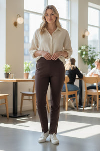 ESTELLE AND FINN DOUBLE STITCHED FRONT SLIT ANKLE PANT - DARK BROWN