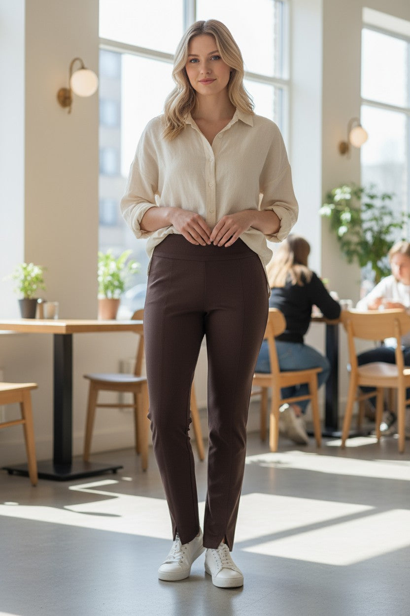 ESTELLE AND FINN DOUBLE STITCHED FRONT SLIT ANKLE PANT - DARK BROWN