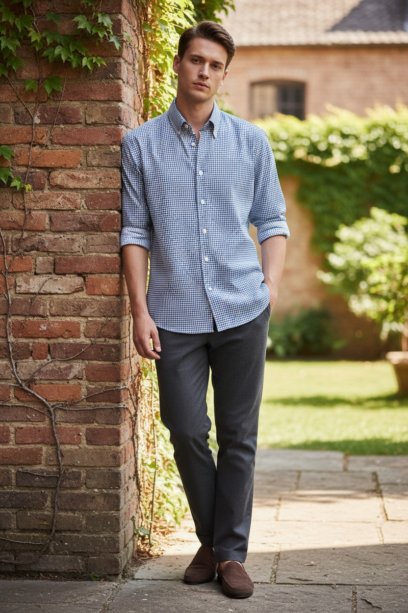 EMANUEL BERG HOUNDSTOOTH TWILL PREMIUM LUXURY MEN'S SHIRT - NAVY