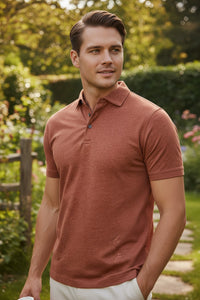 BUTTON DOWN MEN'S TECH POLO - HEATHER BURNT ORANGE