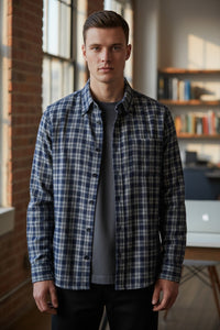 MAZZARELLI SPORT SHIRT - NAVY/WHITE CHECK PLAID