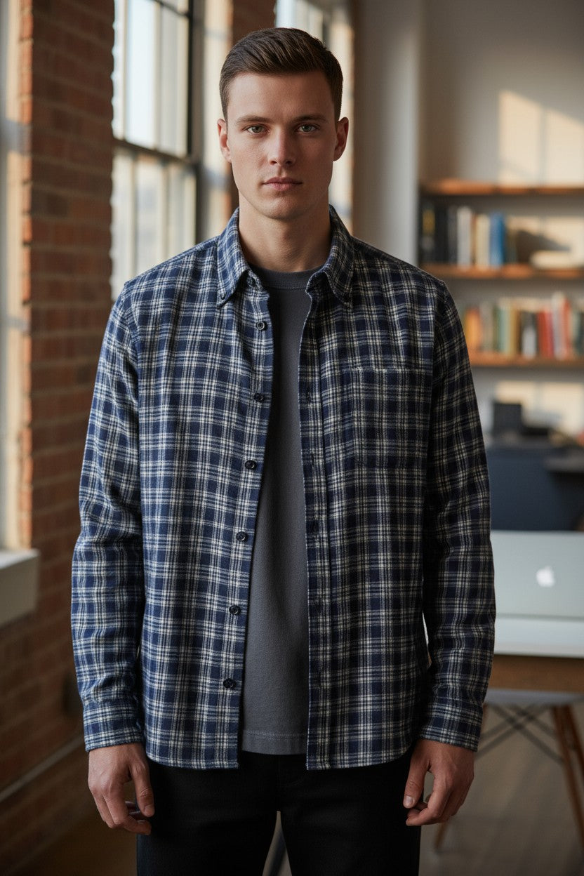 MAZZARELLI SPORT SHIRT - NAVY/WHITE CHECK PLAID